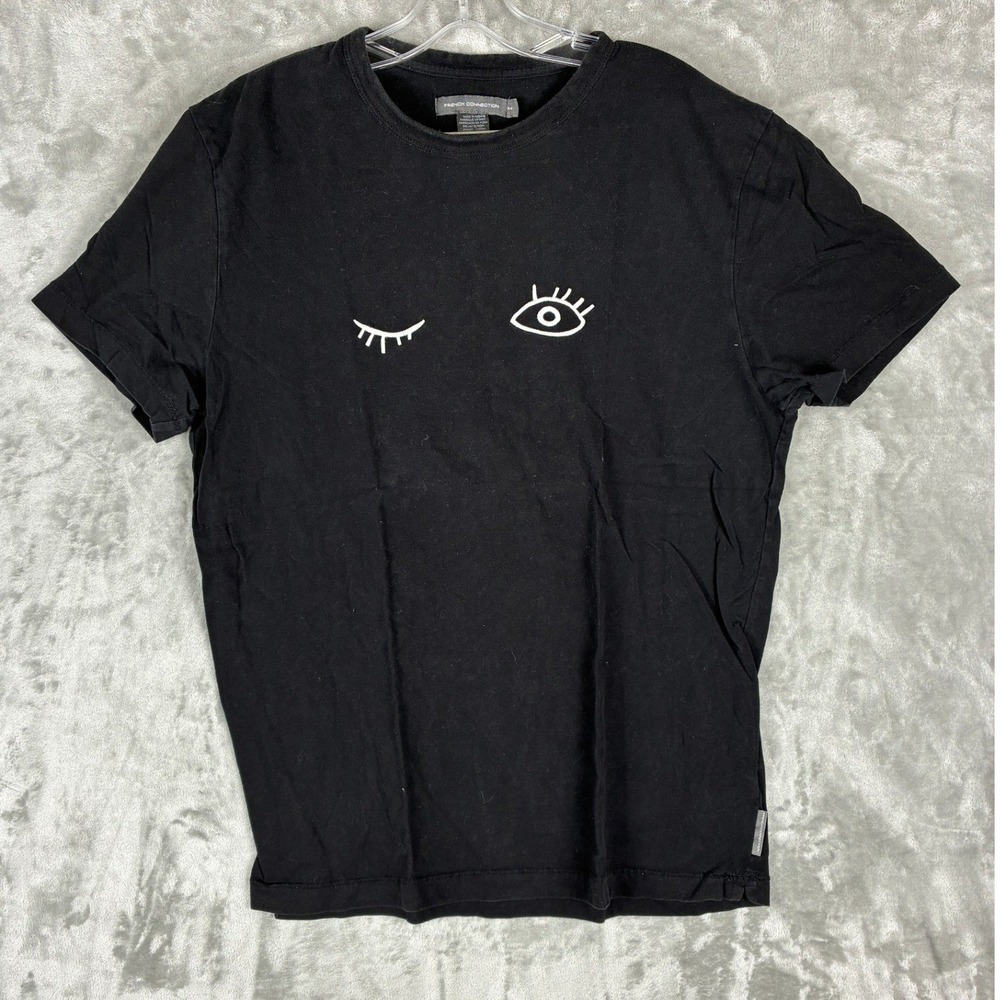 French Connection Mens‎ Black Winking Eye Graphic T-Shirt Sz Medium Short Sleeve